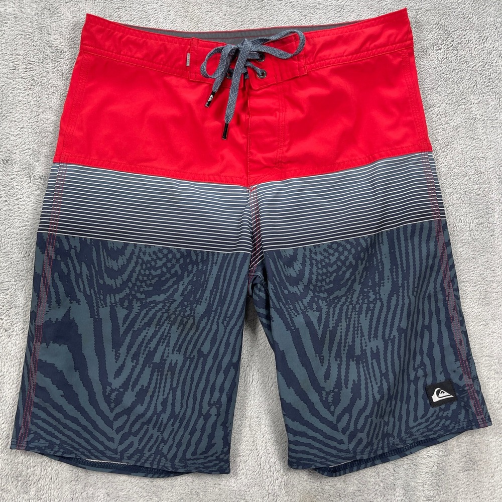 Quiksilver Board Shorts Mens 29 Red Highline Surfsilk Zebra Stripe Swim Trunks